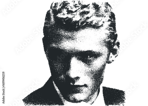 Young man's pensive portrait made of grainy textures on transparent background. Vector hand drawn illustration