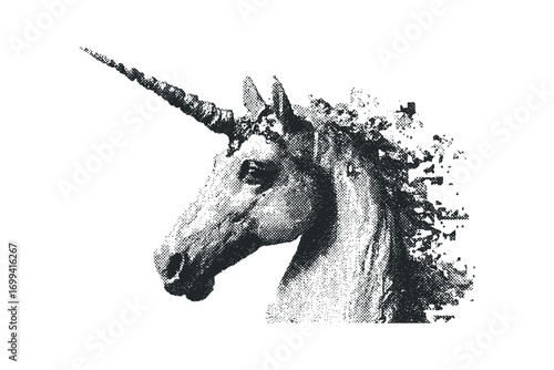Stipple technique unicorn head on transparent background. Vector hand drawn illustration