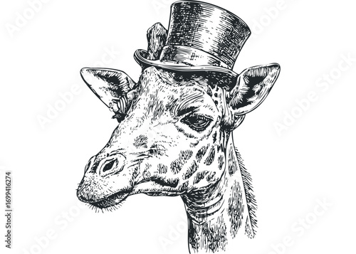 Line art portrait of a giraffe wearing a top hat. Vector hand drawn illustration