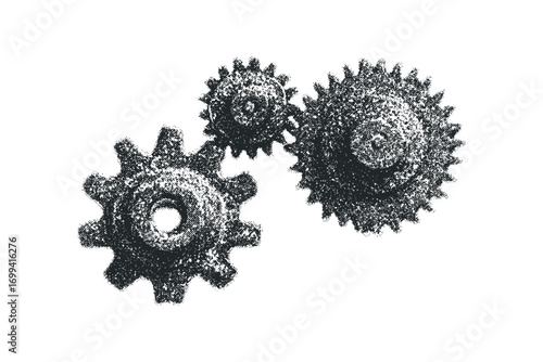 Interlocking gears in grayscale texture on transparent background. Vector hand drawn illustration