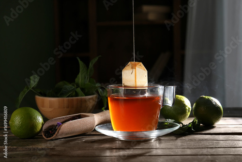Steaming hot tea in glass c...