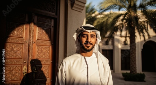 Man arabic in traditional Emirati attire smiling outdoors