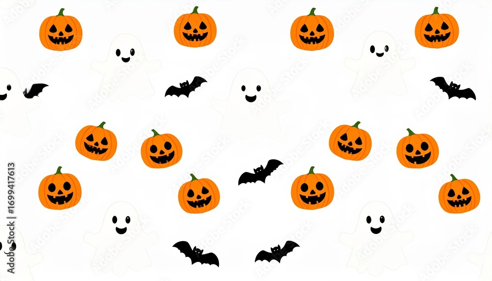 Obraz premium Fun Halloween Abstract Pattern with Ghosts, Bats, and Pumpkins