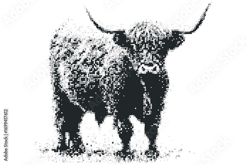 Pixelated Highland Cow with Long Horns on Transparent Background. Vector hand drawn illustration