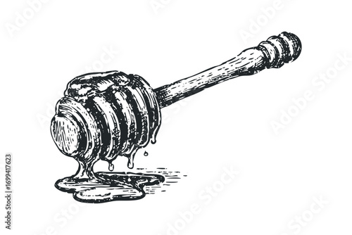 Hand Drawn Honey Dipper with Dripping Sweet Liquid on Transparent. Vector hand drawn illustration