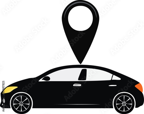 A black sedan with a navigation pin above, representing location and travel.