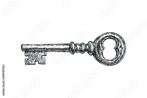 Antique skeleton key transparent background sketch. Vector hand drawn illustration