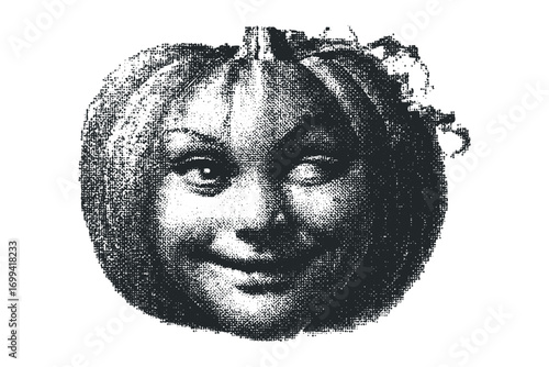 Halftone portrait of a pumpkin with a face on a transparent background. Vector hand drawn illustration