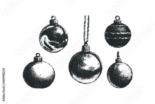 Group of five Christmas ornaments with textured detail on transparent background,. Vector hand drawn illustration