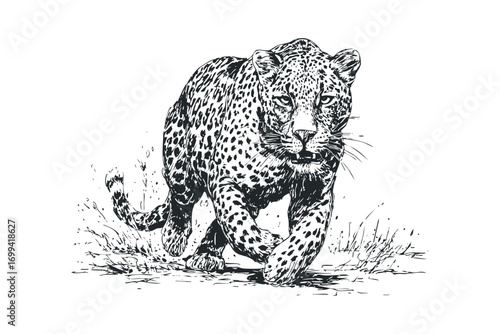 Black and white ink drawing of a leopard in motion on transparent. Vector hand drawn illustration