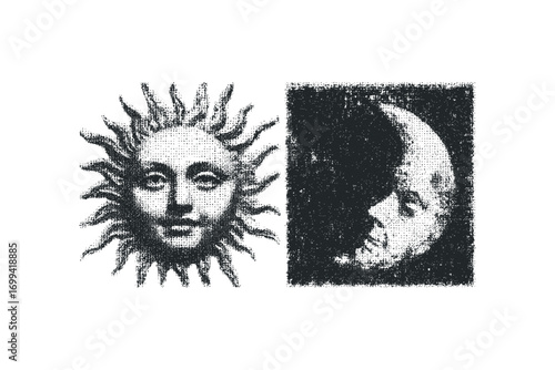 Vintage Sun and Moon Faces with Stylized Rays and Crescent. Vector hand drawn illustration