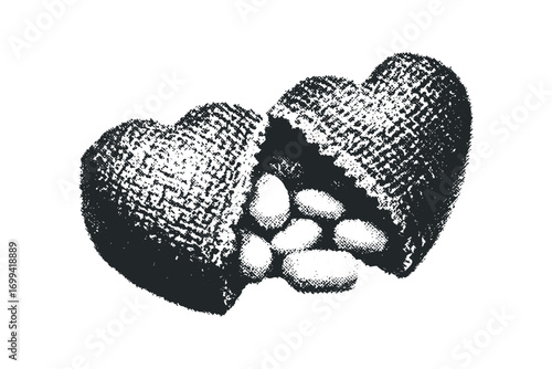 Heart shaped box with beans spill out. Vector hand drawn illustration