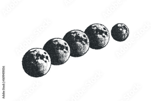 Series of textured circular shapes resembling celestial bodies in grayscale. Vector hand drawn illustration
