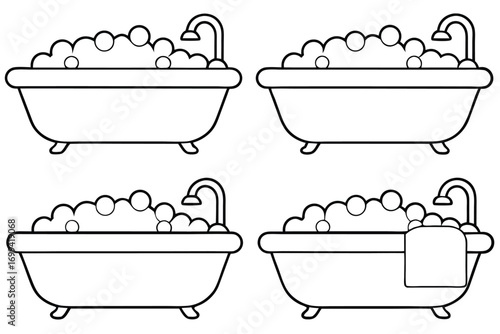 Bathtubs with bubbles and faucet towel line art