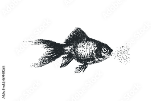 Black goldfish swimming spewing bubbles image. Vector hand drawn illustration