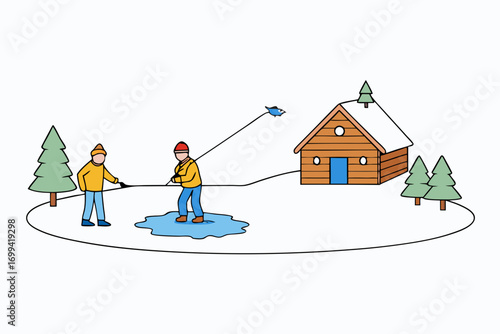 Person ice fishing on frozen lake,  vector illustration