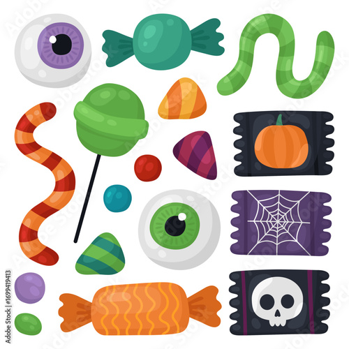 Collection of Halloween candies. Chocolate candies in a wrapper, lollipops, caramel, gummy worms, gummy eyeballs. Trick or treat, Halloween treats, many different sweets.