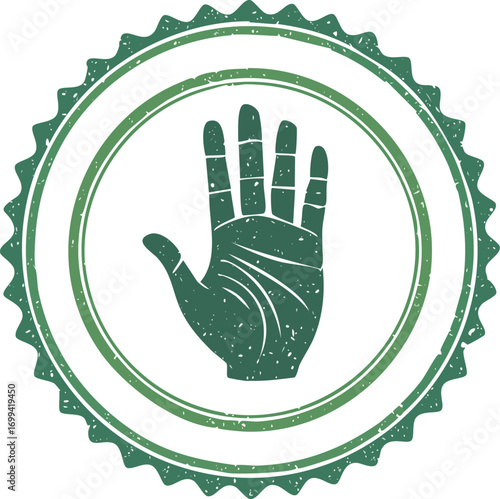 Green stamp featuring a detailed handprint, symbolizing authenticity or a guarantee.