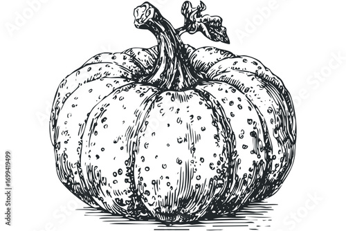 Hand drawn textured pumpkin graphic with dots and stem detail. Vector hand drawn illustration