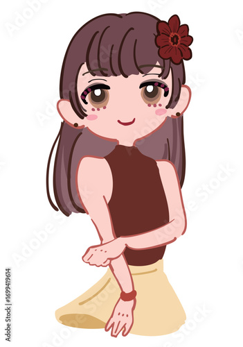 頭に花飾りを付けた大人しそうな女の子のイラスト 茶色 ブラウン