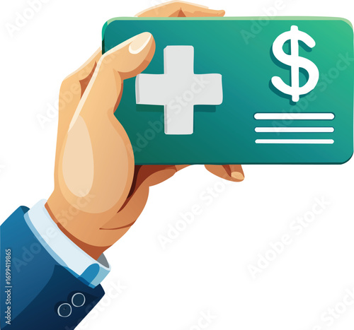 A cartoon hand holding a health insurance card, depicting medical coverage and financial assistance.
