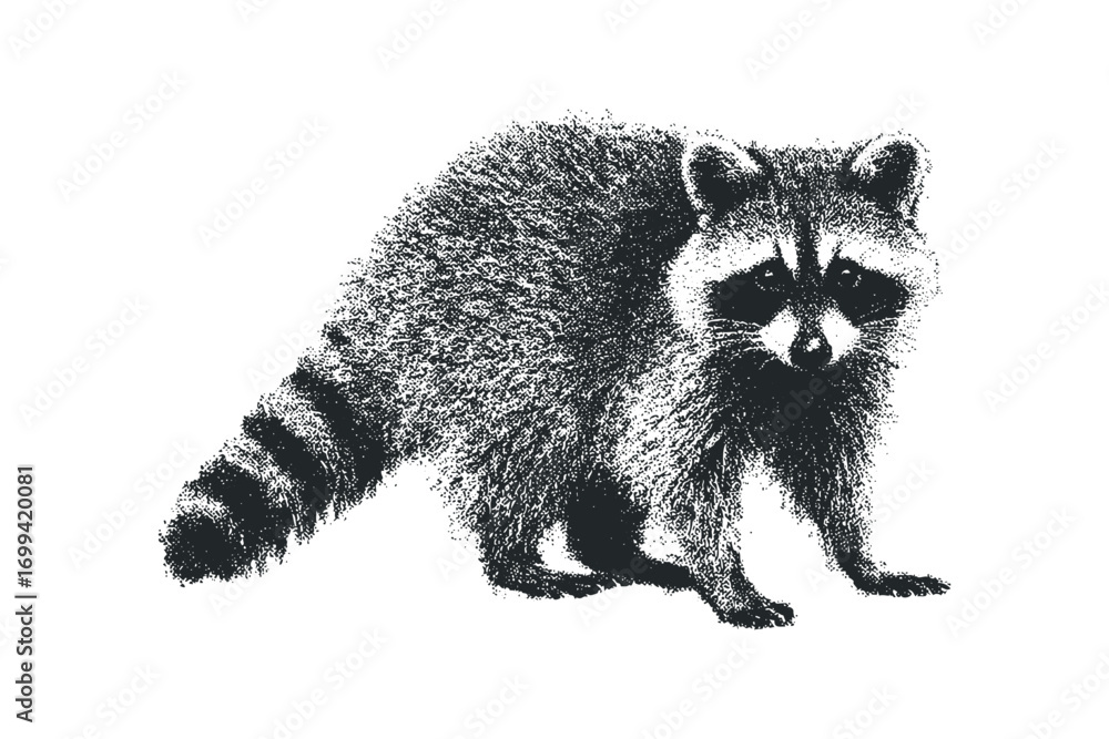 Obraz premium Raccoon with Ringed Tail Textured Animal Portrait. Vector hand drawn illustration