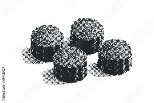 Four textured abstract cylindrical shapes on transparent background. Vector hand drawn illustration