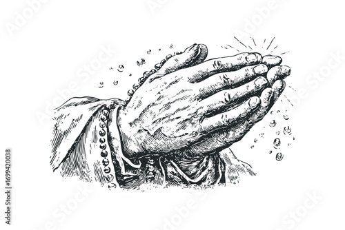 Vintage Religious Hands Holding Rosary Beads Image. Vector hand drawn illustration