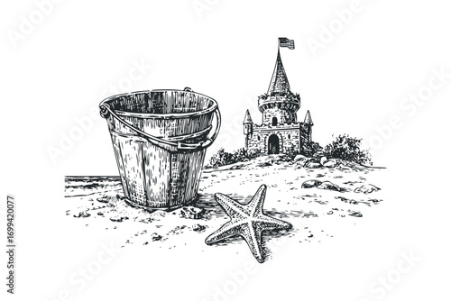 Sketch of a sand bucket and starfish on a beach with a castle. Vector hand drawn illustration