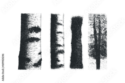 Four monochrome textured tree trunks on a transparent background. Vector hand drawn illustration