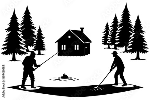 Person ice fishing on frozen lake,  vector illustration