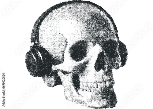 Skull wearing headphones halftone texture. Vector hand drawn illustration