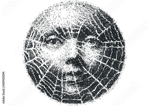 Monochromatic portrait of a human face obscured by a textured web on a transparent background. Vector hand drawn illustration
