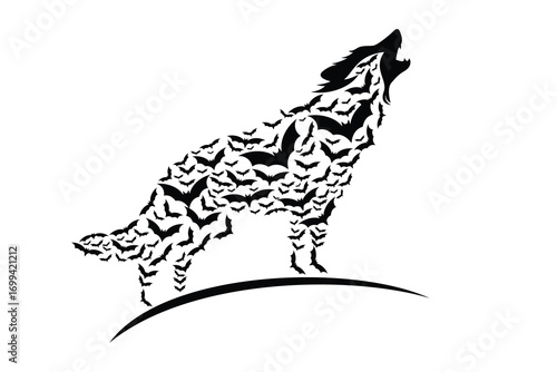 Creative silhouette of a howling wolf formed by flying bats. Unique double exposure animal illustration, perfect for Halloween, wildlife, and fantasy themes.