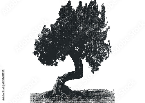 Textured dark tree silhouette with curved trunk on transparent. Vector hand drawn illustration