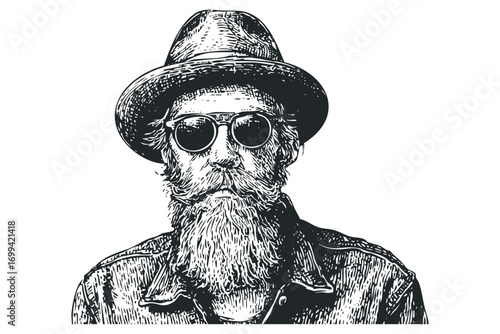 Man with beard hat and sunglasses. Vector hand drawn illustration
