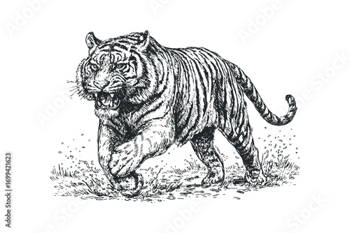 Detailed sketch of a roaring tiger running through water. Vector hand drawn illustration