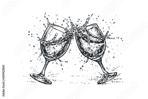Two wine glasses clinking with splashing liquid and droplets. Vector hand drawn illustration