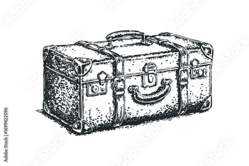 Sketch of vintage luggage with straps and buckles on transparent background. Vector hand drawn illustration