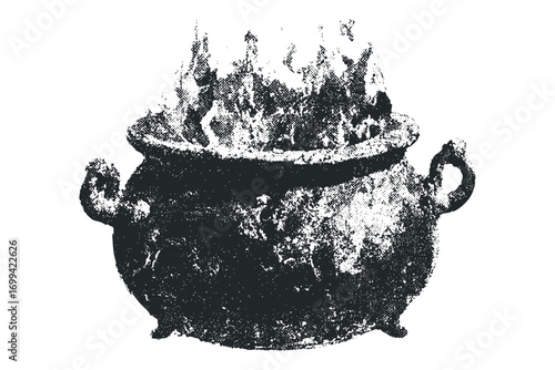Ancient Cauldron with Flickering Flames on Transparent. Vector hand drawn illustration