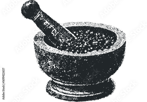 Stone mortar and pestle with coarse textured grind. Vector hand drawn illustration