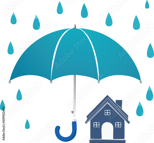 An umbrella protects a house from falling raindrops, symbolizing safety, security, and insurance.