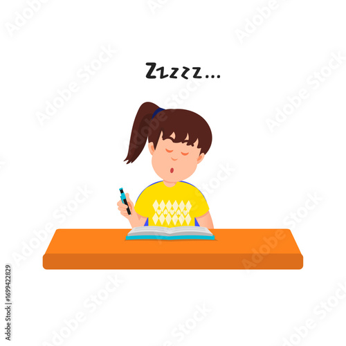Cute little girl falls asleep while writing in her notebook