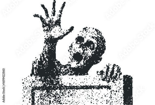 Distressed silhouette of a reaching zombie emerging from confinement image. Vector hand drawn illustration