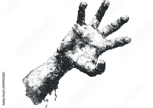 Halftone distressed hand reaching up on transparent background. Vector hand drawn illustration
