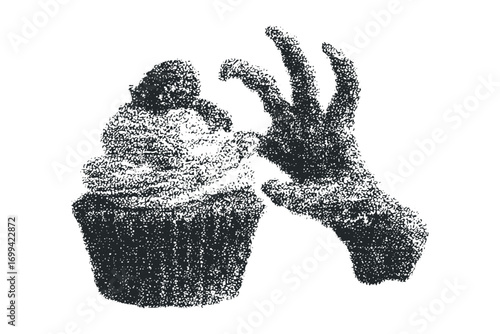 Grabbing Hand Reaching for a Cupcake Isolated on White. Vector hand drawn illustration