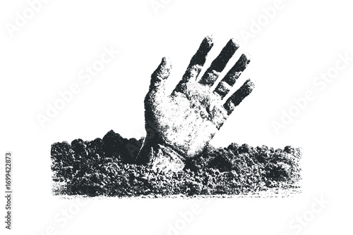 Hand Emerging From Crumbled Earth Textured. Vector hand drawn illustration
