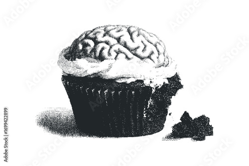 Brain cupcake with bitten piece on transparent background. Vector hand drawn illustration
