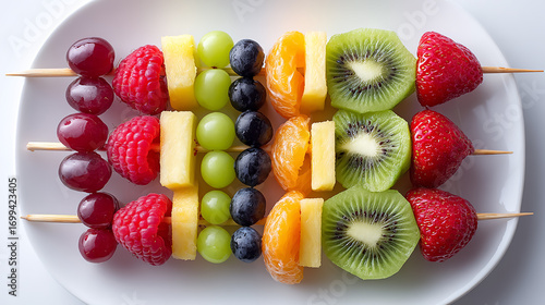 Fototapeta Naklejka Na Ścianę i Meble -  Plate of fresh mixed fruits arranged on colorful skewers, vibrant and appetizing, high-quality food photography, bright natural lighting, isolated on white background