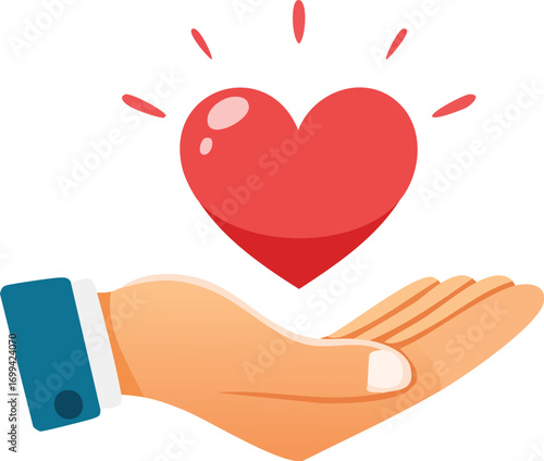 A hand gently holds a glowing red heart, symbolizing care and compassion.